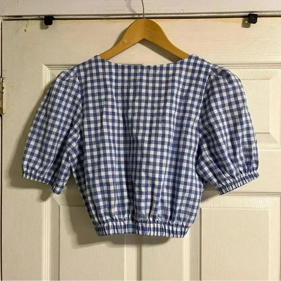 Gingham blue crop top puffy sleeve bubble sleeve top small - Picture 5 of 5